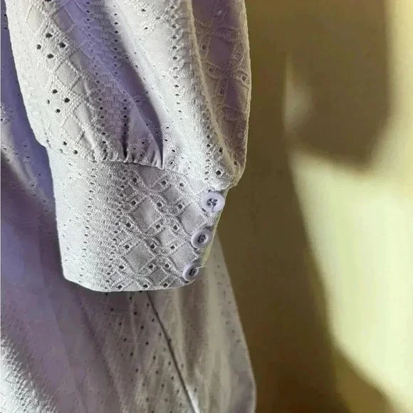 Lavendar eyelet top with buttons detailed on sleeve. Worn 2x.  Smoke free home. - Picture 2 of 5